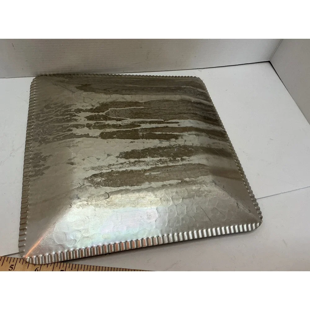 Vintage Hammered Aluminum Square Tray Etched Floral 12.5 Inch Mid Century